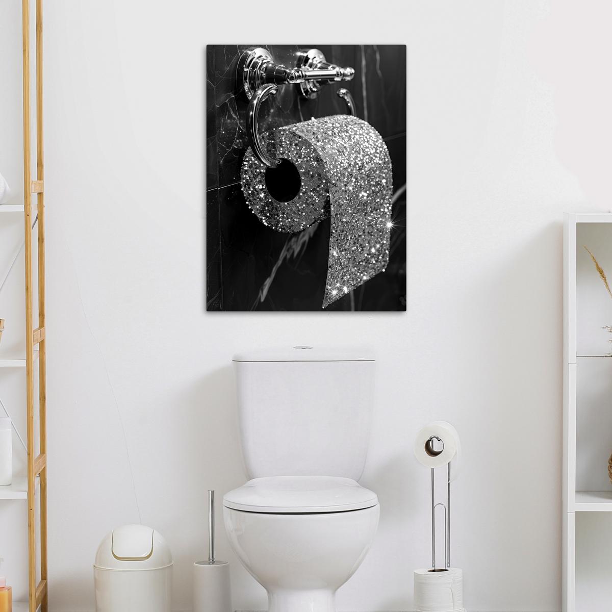 LEINWANDBILD WC - Toilettenpapier - Schwarz und weiß - Glitter Wandbild Wohnzimmer 50x70 cm - Silberfarben, Textil (50/70cm) - MuchoWow