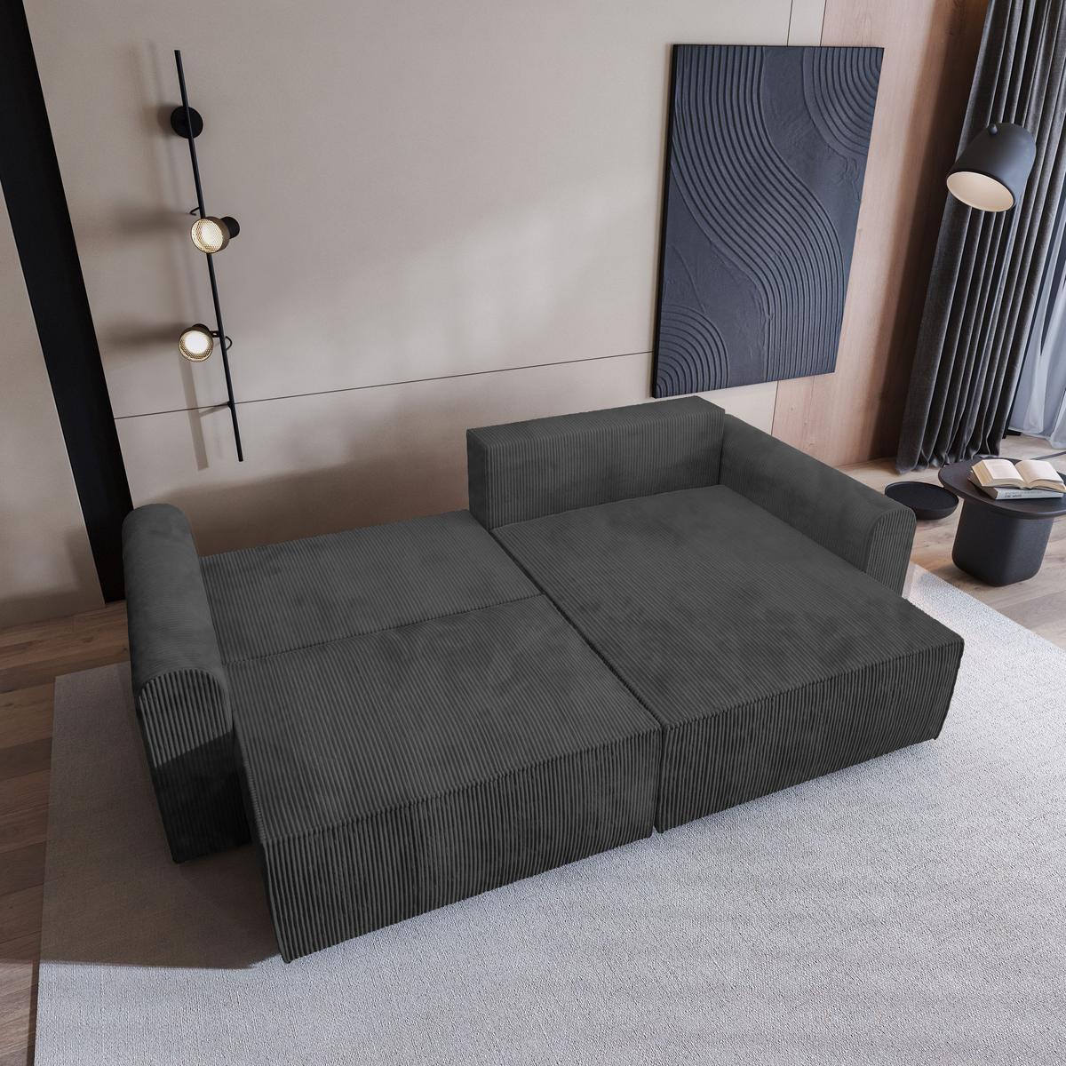 ECKSOFA FIANO P Graphitfarben Kordstoff mit Schlaffunktion - Graphitfarben/Grau, Holz/Kunststoff (245/148cm) - MASSENO