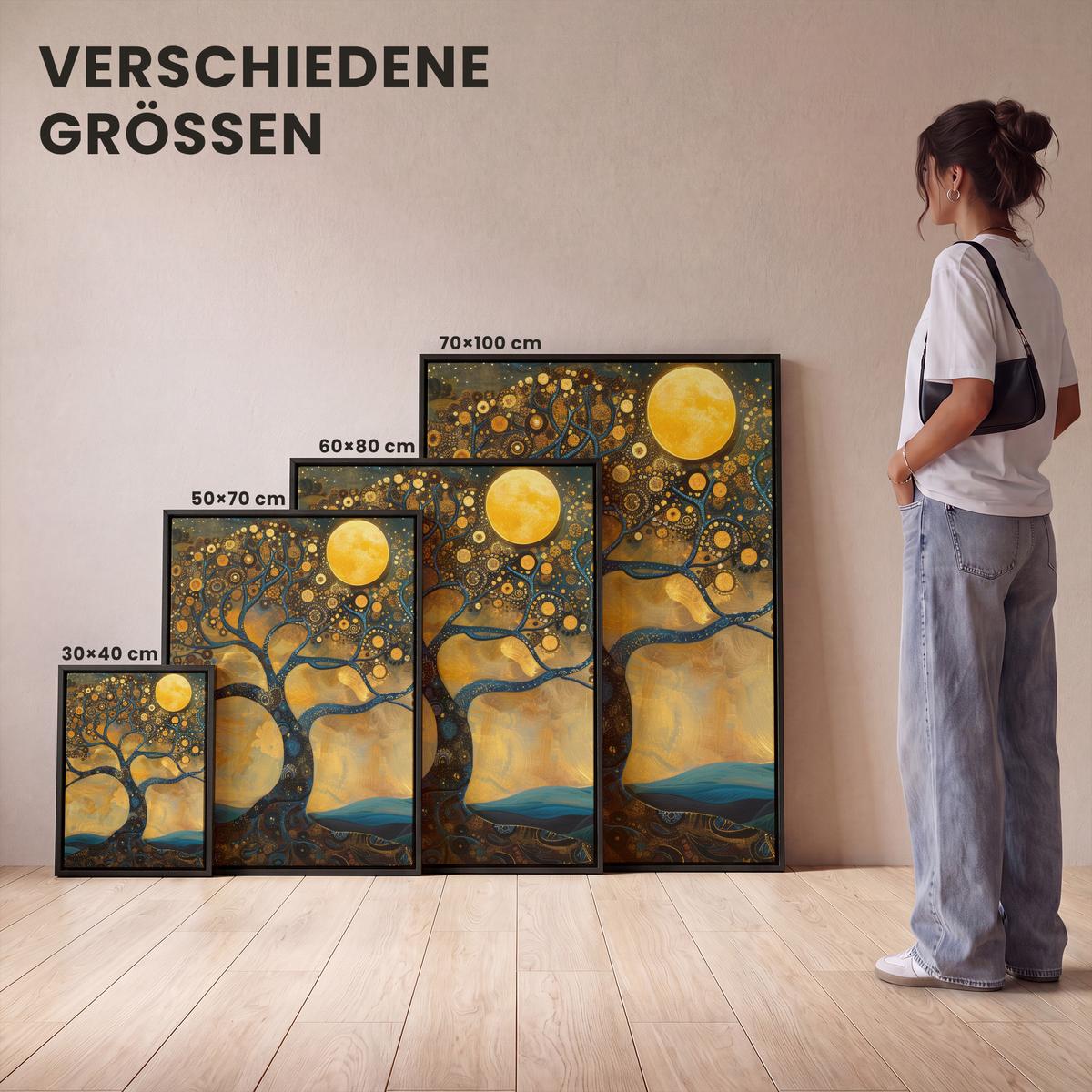 LEINWAND Bilder mit Rahmen - Baum - Mond - Blumen - Gold - Kunst - 60x80 - Orange, Textil (60/80cm) - MuchoWow