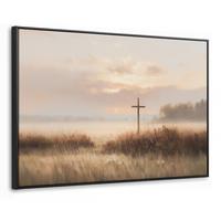 LEINWAND Bilder mit Rahmen - Gras - Morgennebel - Kreuz - Christentum - 120x80 - Beige, Textil (120/80cm) - MuchoWow