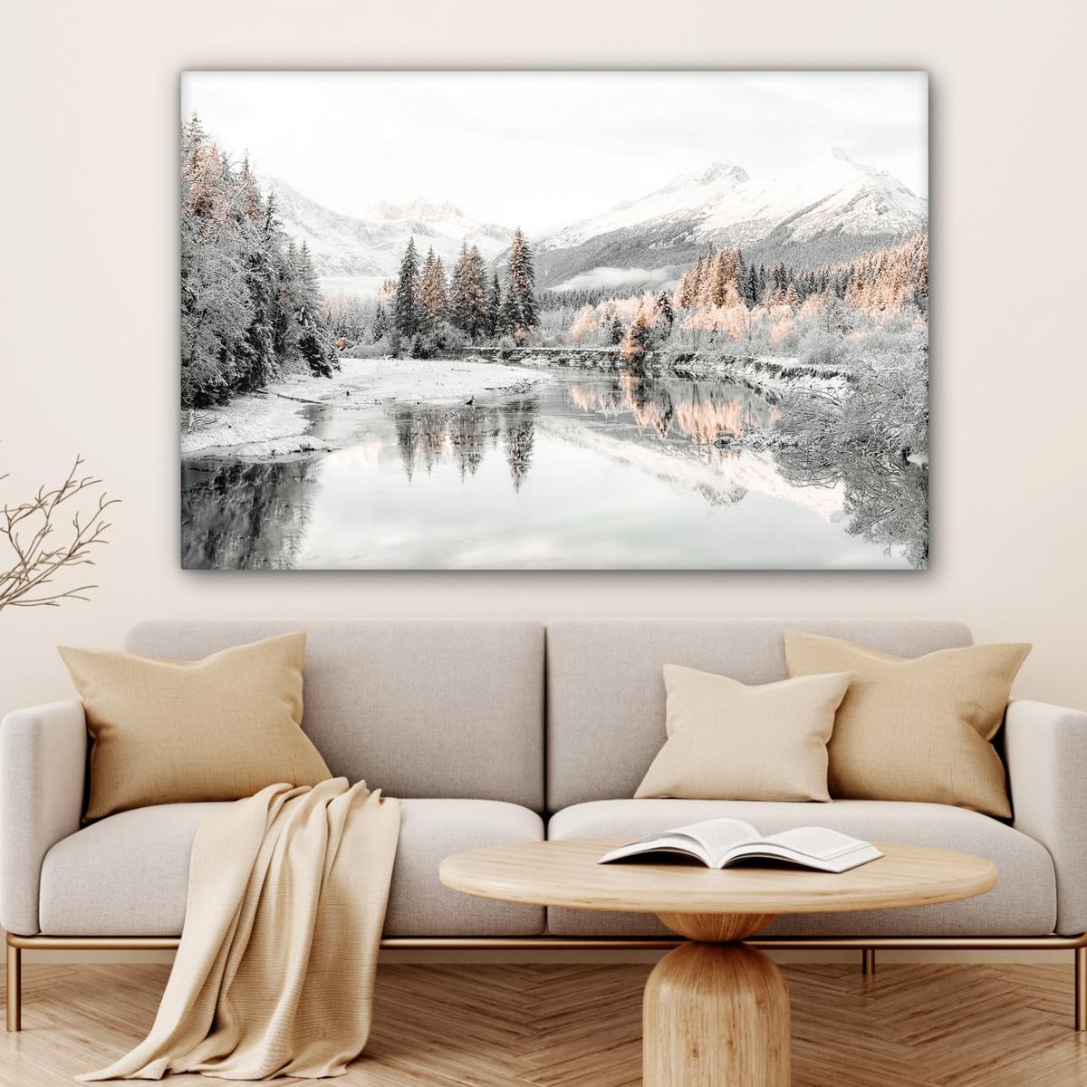 LEINWANDBILD Natur - Winter - Bäume - Berge - Schnee Wohnzimmer Groß 120x80 cm - Weiß Hochglanz, Textil (120/80cm) - MuchoWow