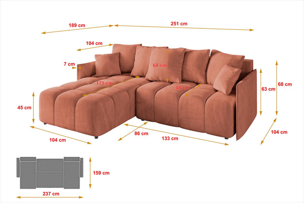 ECKSOFA Ottomane links LONLI-L 251x189x68 Koralle Velours - Koralle, Holzwerkstoff/Kunststoff (251/189cm) - ALTDECOR