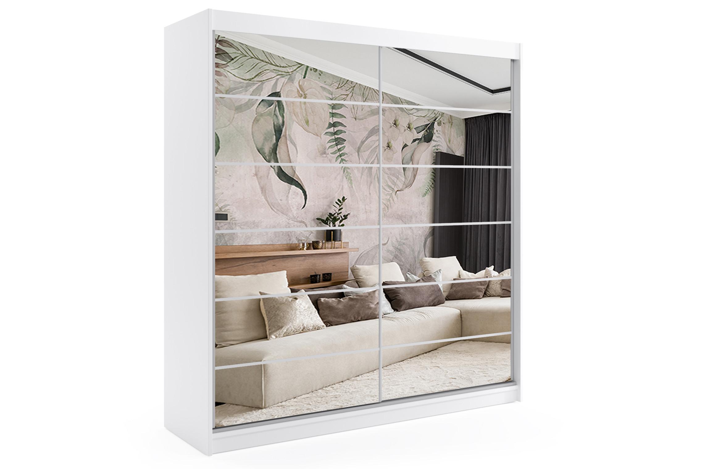 KLEIDERSCHRANK mit Spiegel-Schiebetüren und Aluminium-Leisten, LED-Beleuchtung - FLORA - 200 cm Weiß - Weiß, Holzwerkstoff (200/216/61cm) - ALTDECOR