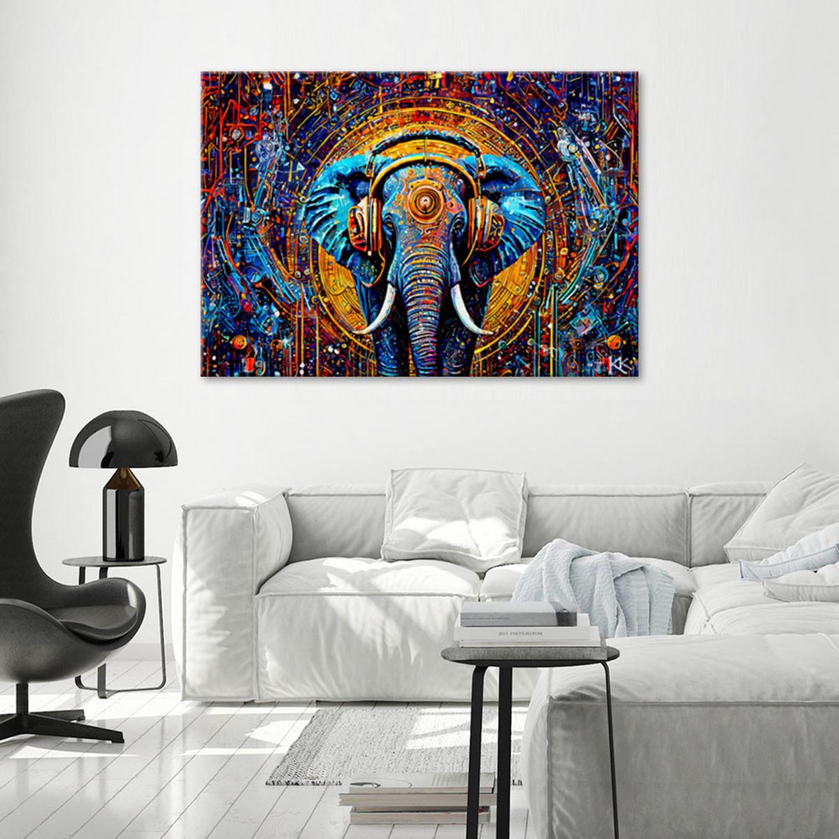 LEINWANDBILD Elefant im Kopfhörer Abstraktion 120x80cm - Multicolor, Textil (120/80cm) - Feeby