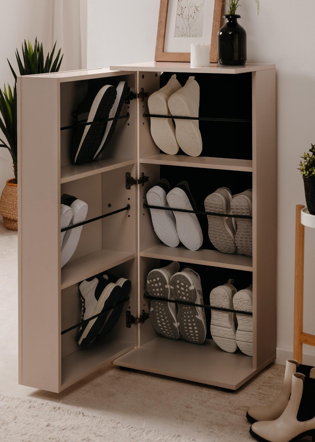 SCHUHSCHRANK samtfarben 50 cm, Schuhkommode aufklappbar mit 6 Fächern - Beige/Schwarz, Holzwerkstoff/Kunststoff (50/110/34cm) - Furn.Design