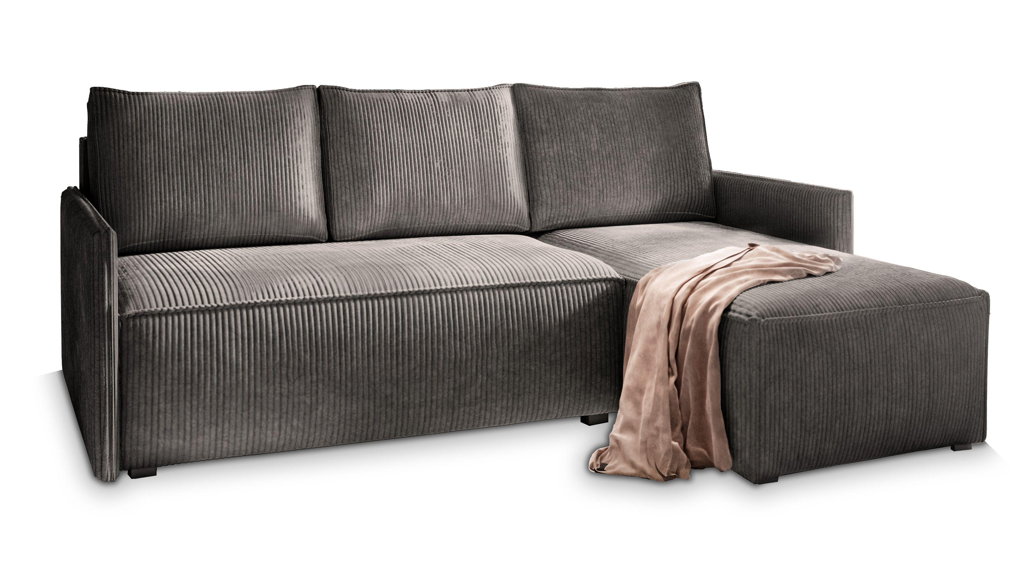 ECKSOFA PERUSI Graphitfarben Kordstoff mit Schlaffunktion - Graphitfarben/Grau, Holz/Kunststoff (206/143cm) - MASSENO