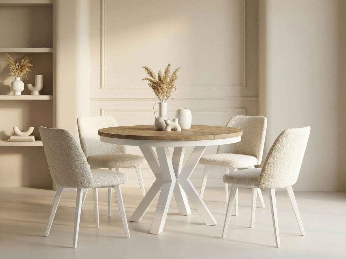 ESSTISCH Clara Weiß runder ausziehbarer, Lancelot Eiche 100-180/100/76 cm - Eichefarben/Weiß, Holzwerkstoff/Metall (100/176/76cm) - WFL GROUP