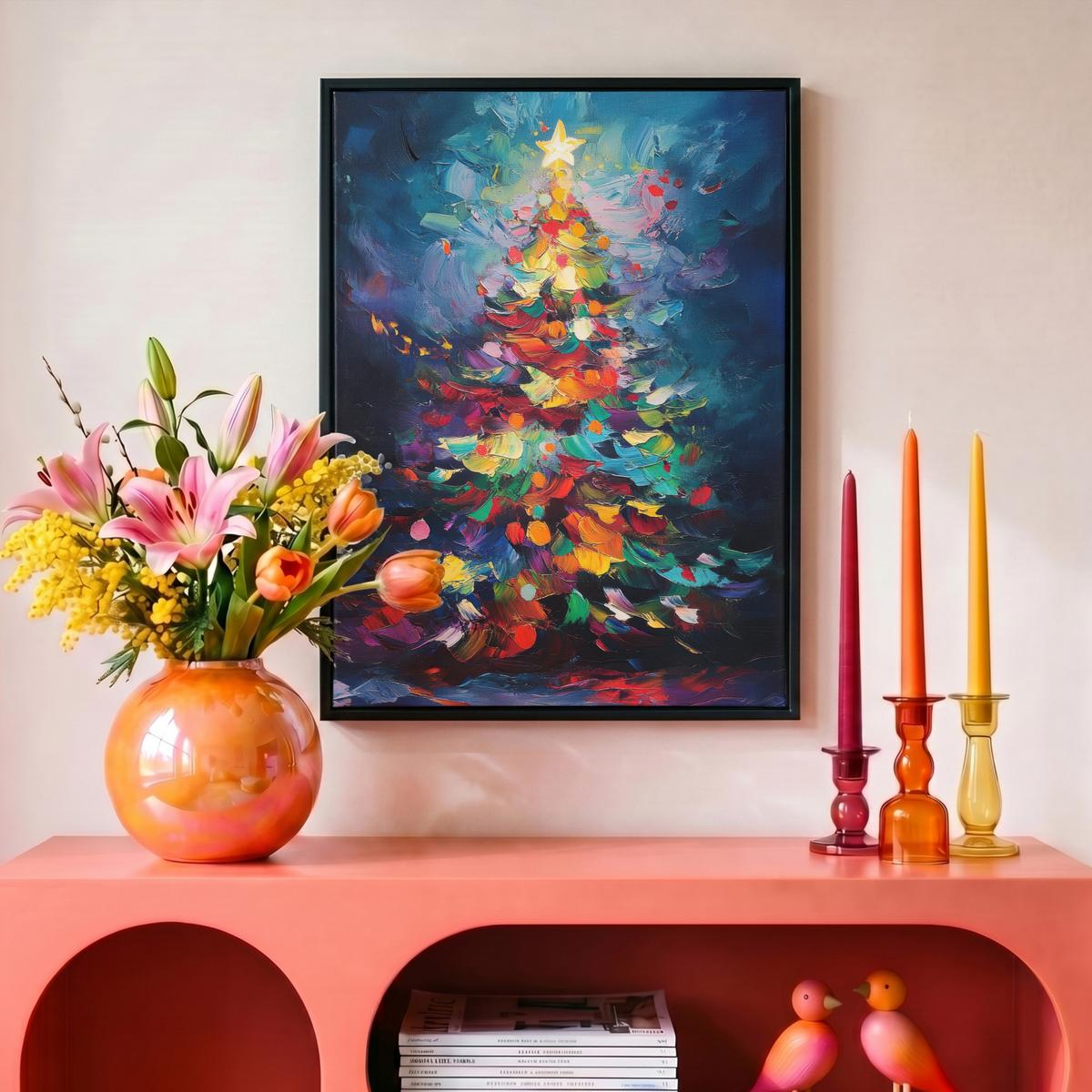 LEINWAND Bilder mit Rahmen - Weihnachtsbaum - Weihnachten - Abstrakt - Farbenfroh - 30x40 - Multicolor, Textil (30/40cm) - MuchoWow