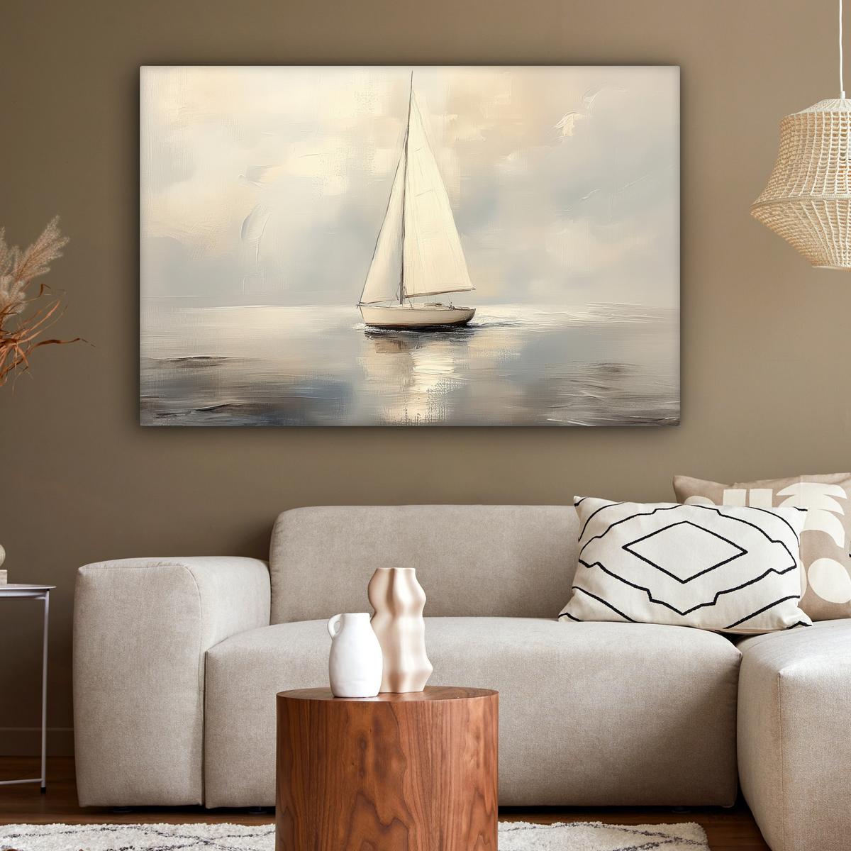 LEINWANDBILD Segelschiff - Meer - Bewölkt Wohnzimmer Groß 120x80 cm - Creme, Textil (120/80cm) - MuchoWow