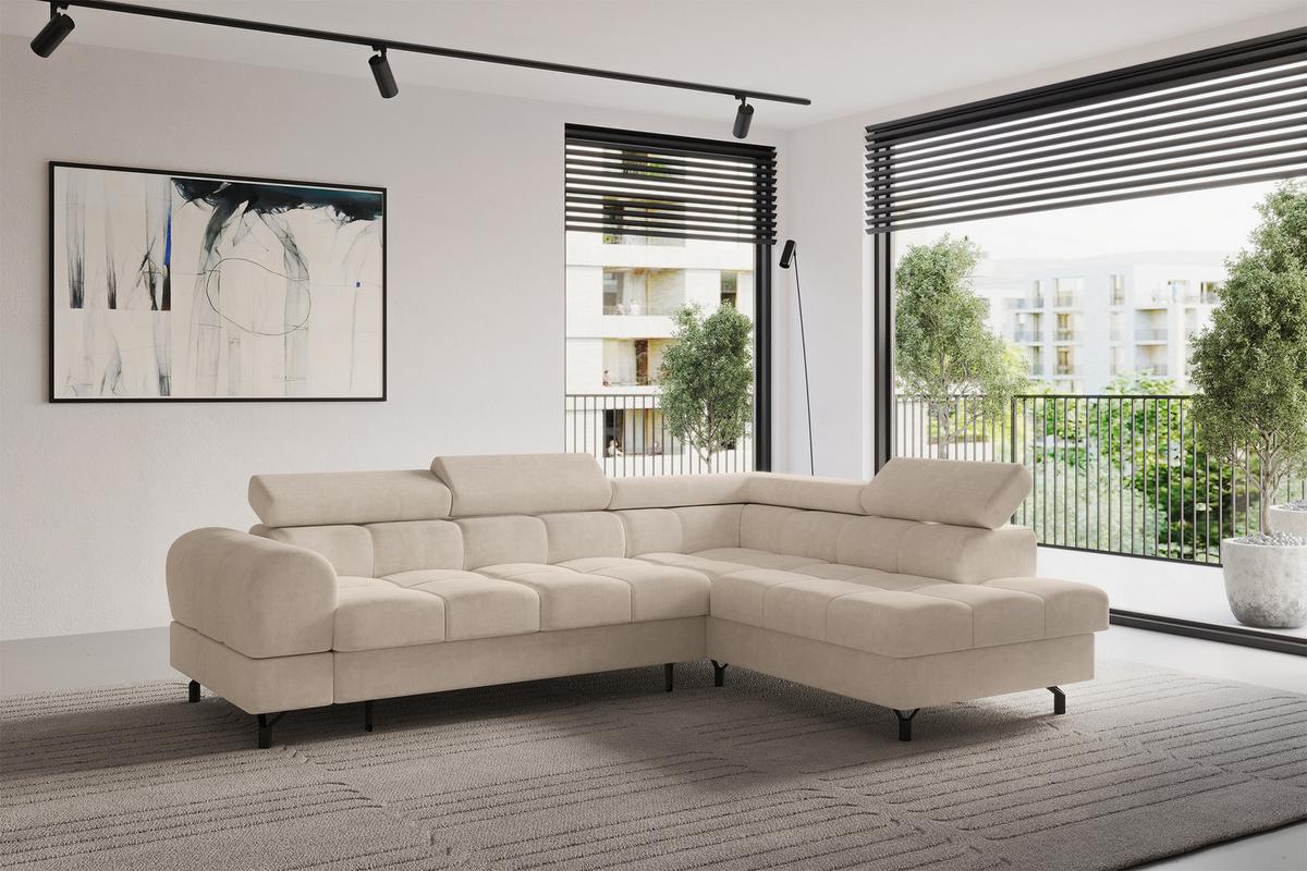 ECKSOFA mit Schlaffunktion Ottomane Rechts LUMA-L 272x203x70 Beige Velours - Sandfarben/Schwarz, Holzwerkstoff/Kunststoff (203/272cm) - ALTDECOR