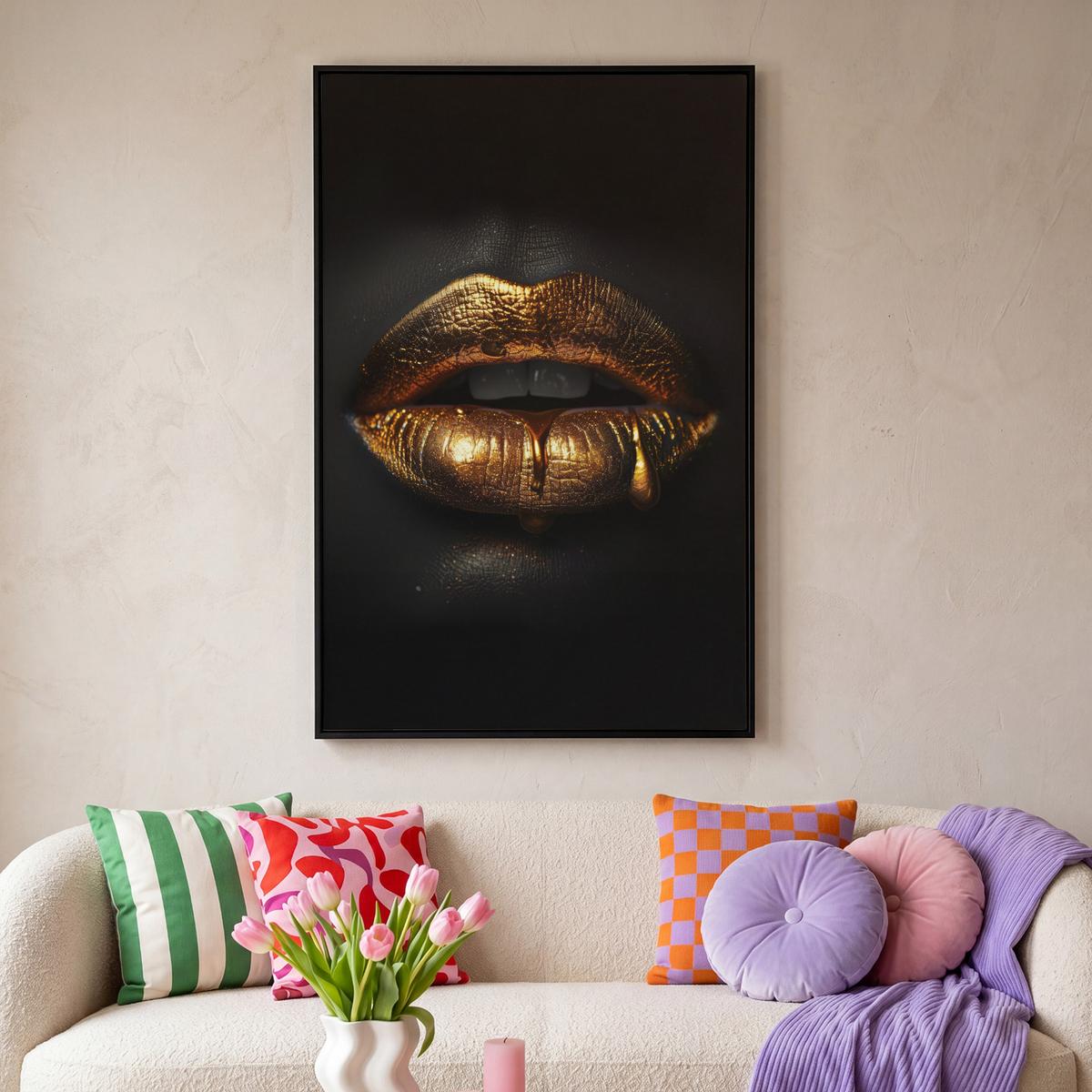 LEINWAND Bilder mit Rahmen - Frau - Porträt - Lippen - Gold - Schwarz - 90x140 - Schwarz, Textil (90/140cm) - MuchoWow