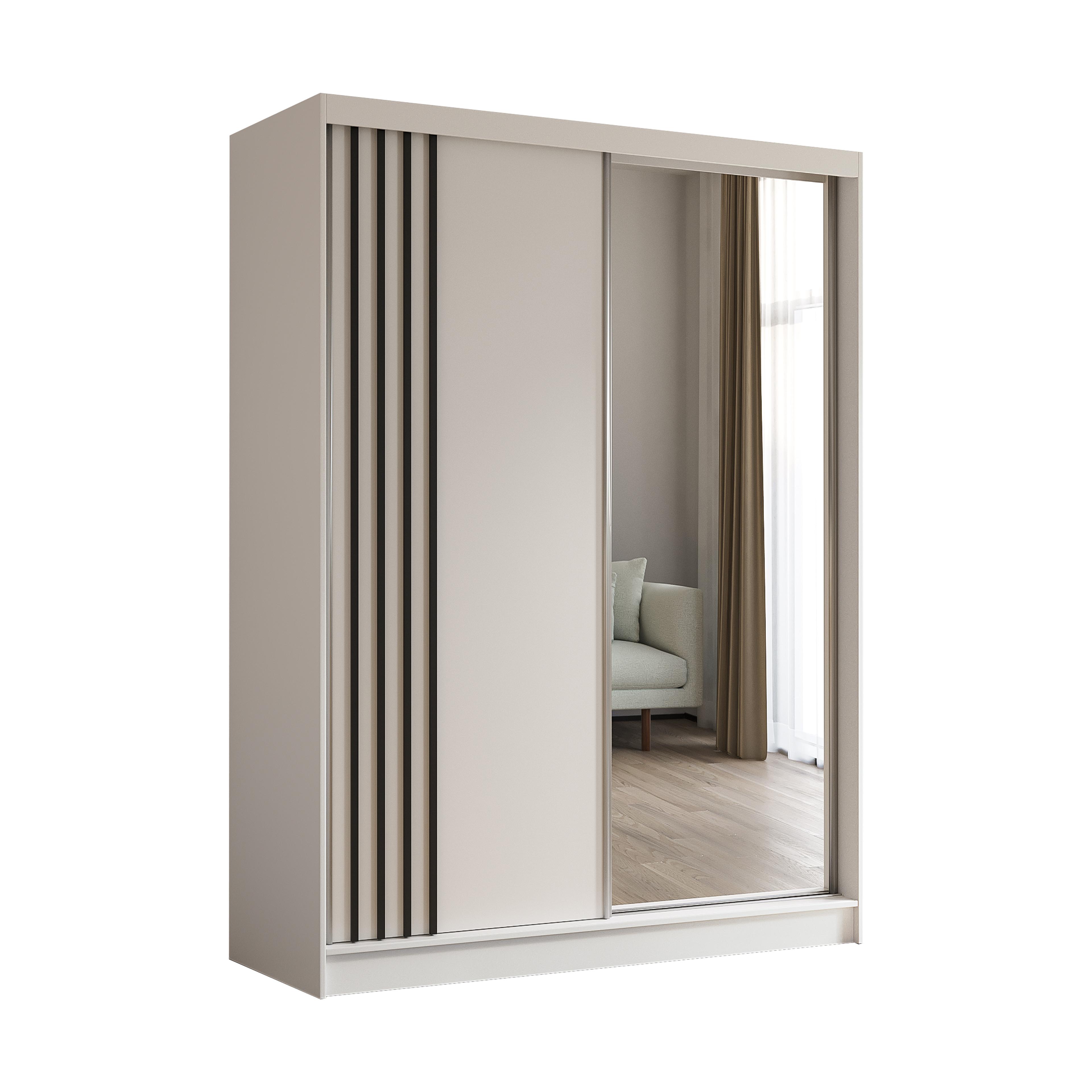 KLEIDERSCHRANK mit Spiegel-Schiebetüren und Aluminium-Leisten - NALLA - 160 cm Weiß+Weiß+Schwarz - Schwarz/Weiß, Holzwerkstoff (160/216/61cm) - ALTDECOR
