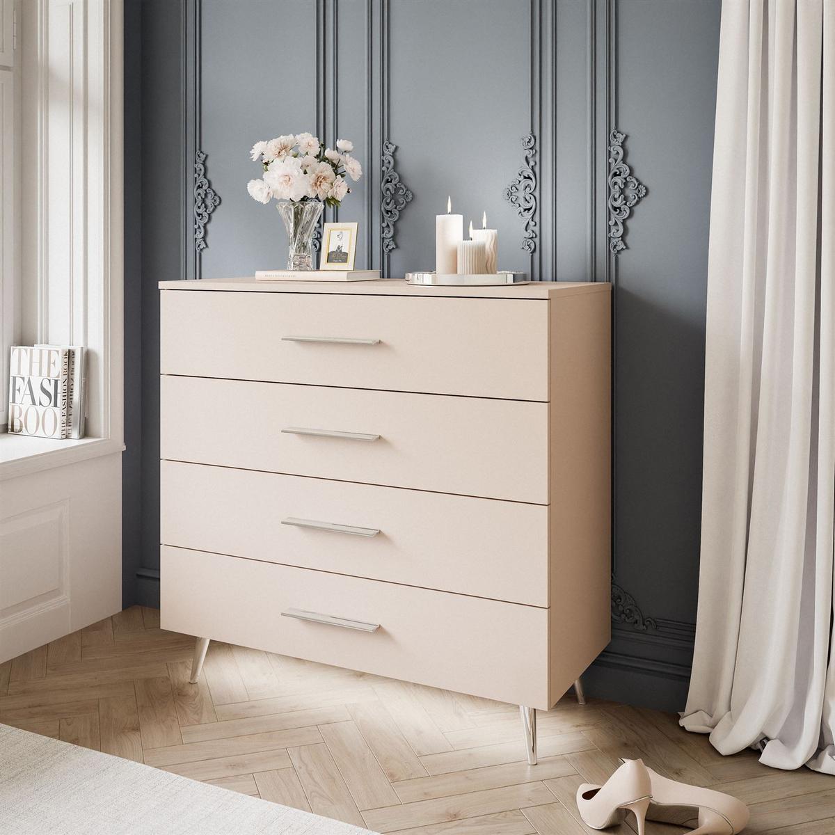 KOMMODE AURA KASCHMIR 4S mit Schubladen Silberne Beine und Griffe - Kaschmir/Silberfarben, Holzwerkstoff (95/90/40cm) - Lookway