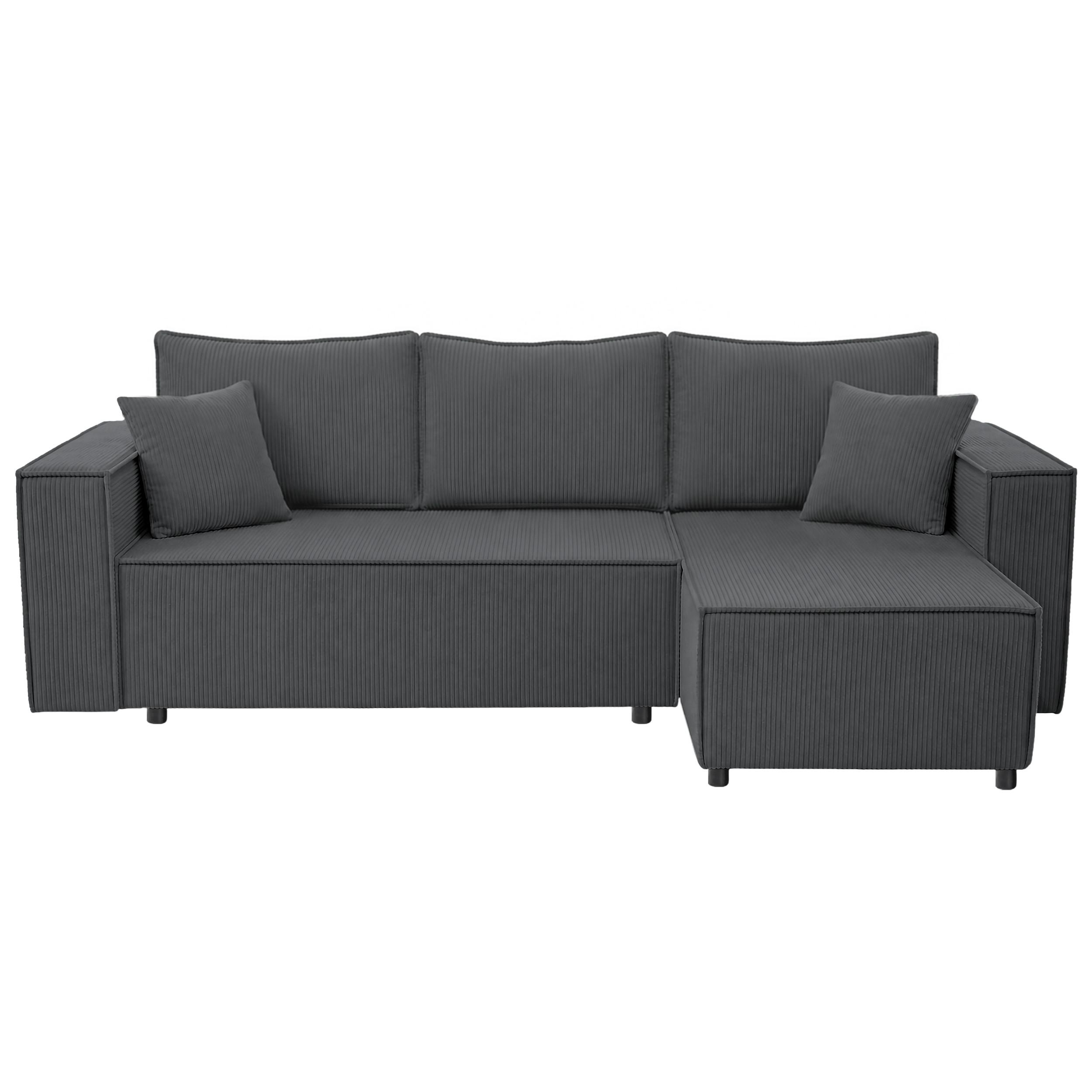 ECKSCHLAFSOFA Neapol mit Bettkasten, 255 cm, Cord-Stoff, Dunkelgrau - Dunkelgrau/Schwarz, Textil (256/148cm) - Beautysofa