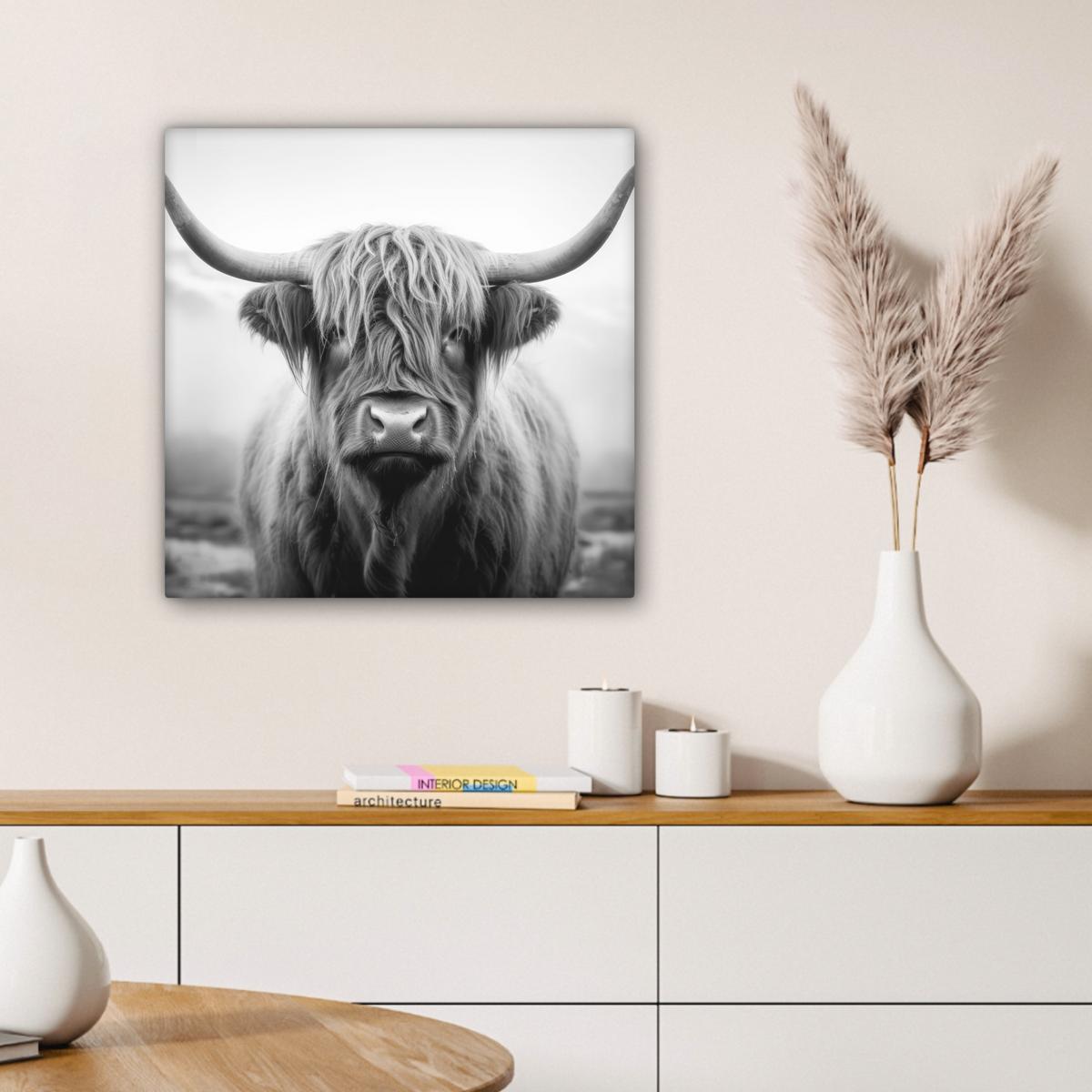 LEINWANDBILD Schottischer Highlander - Nebel - Schwarz - Weiß Wandbild Wohnzimmer 50x50 cm - Grau, Textil (50/50cm) - MuchoWow