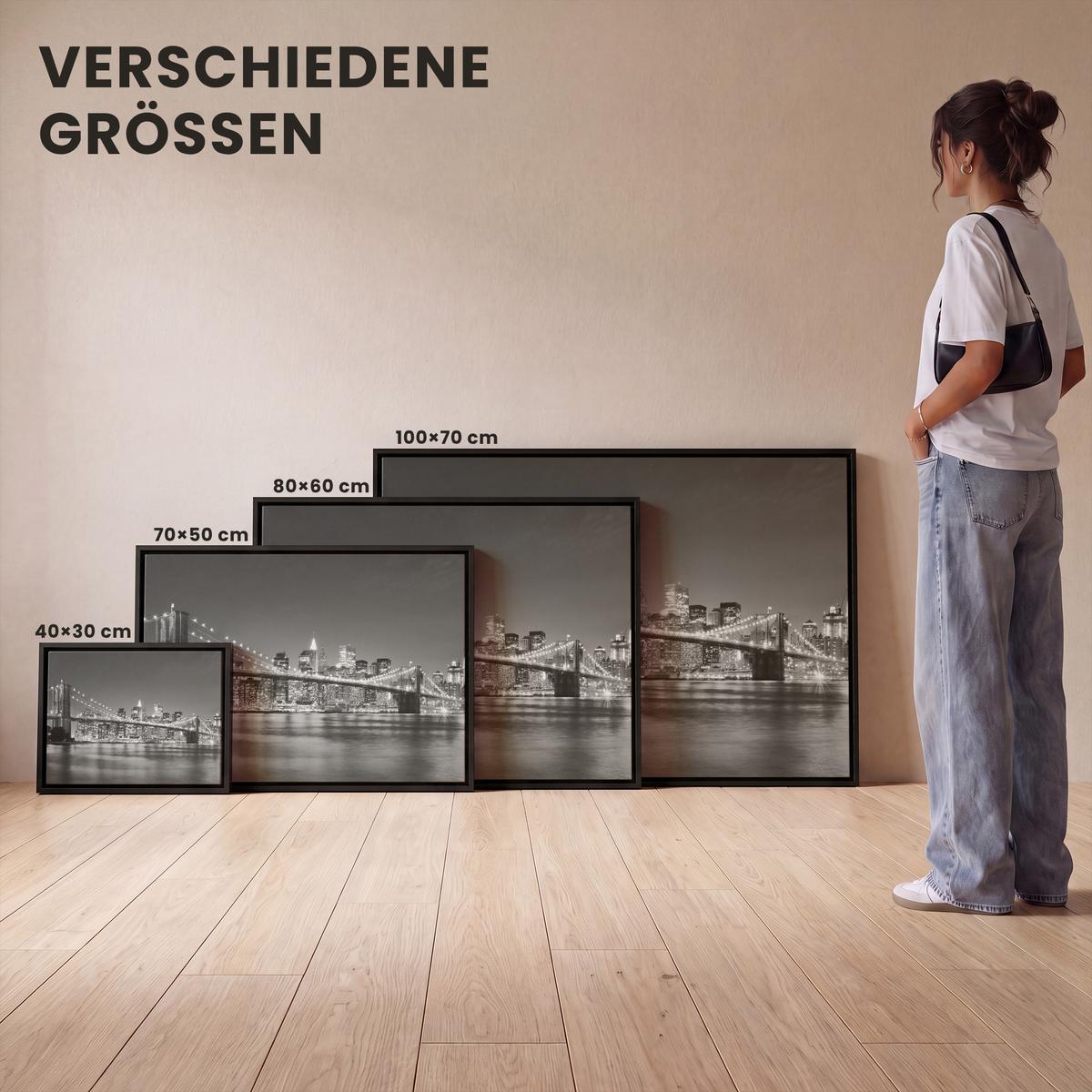 LEINWAND Bilder mit Rahmen - New York - Brücke - Brooklyn - Schwarz und weiß - Architektur - 40x30 - Schwarz, Textil (40/30cm) - MuchoWow