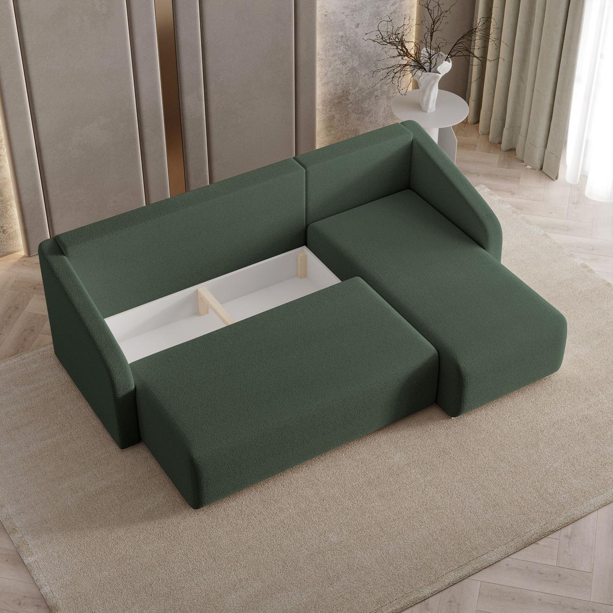 ECKSOFA MARELLO Grün Boucle-Stoff mit Schlaffunktion - Grün, Holz (220/143cm) - MASSENO