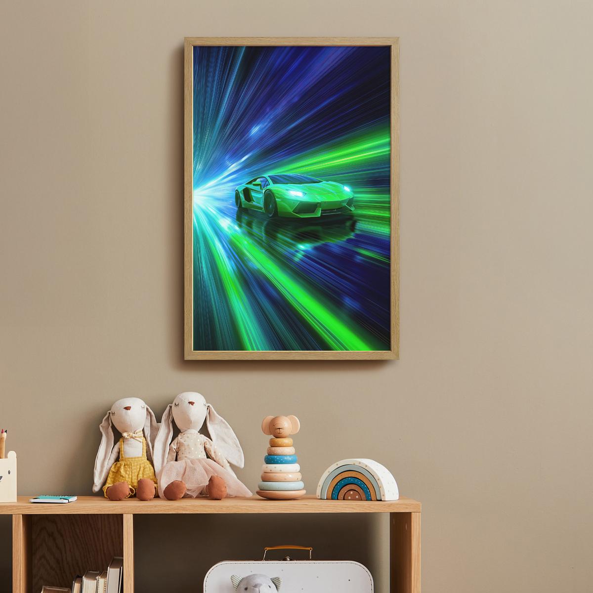 WANDLEUCHTE MIT AKKU Geschwindigkeit - Leicht - Sportwagen - Grün 40x60 cm - Grün, Holzwerkstoff (40/60/8cm) - OnlyWow