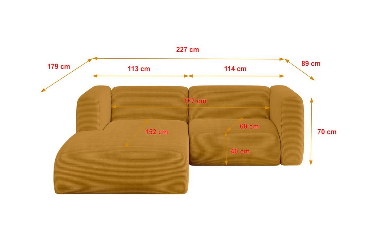 ECKSOFA Ottomane Links MIRA-L1 227x179x89 Senfgelb Cord - Currygelb/Schwarz, Holzwerkstoff/Kunststoff (227/179cm) - ALTDECOR
