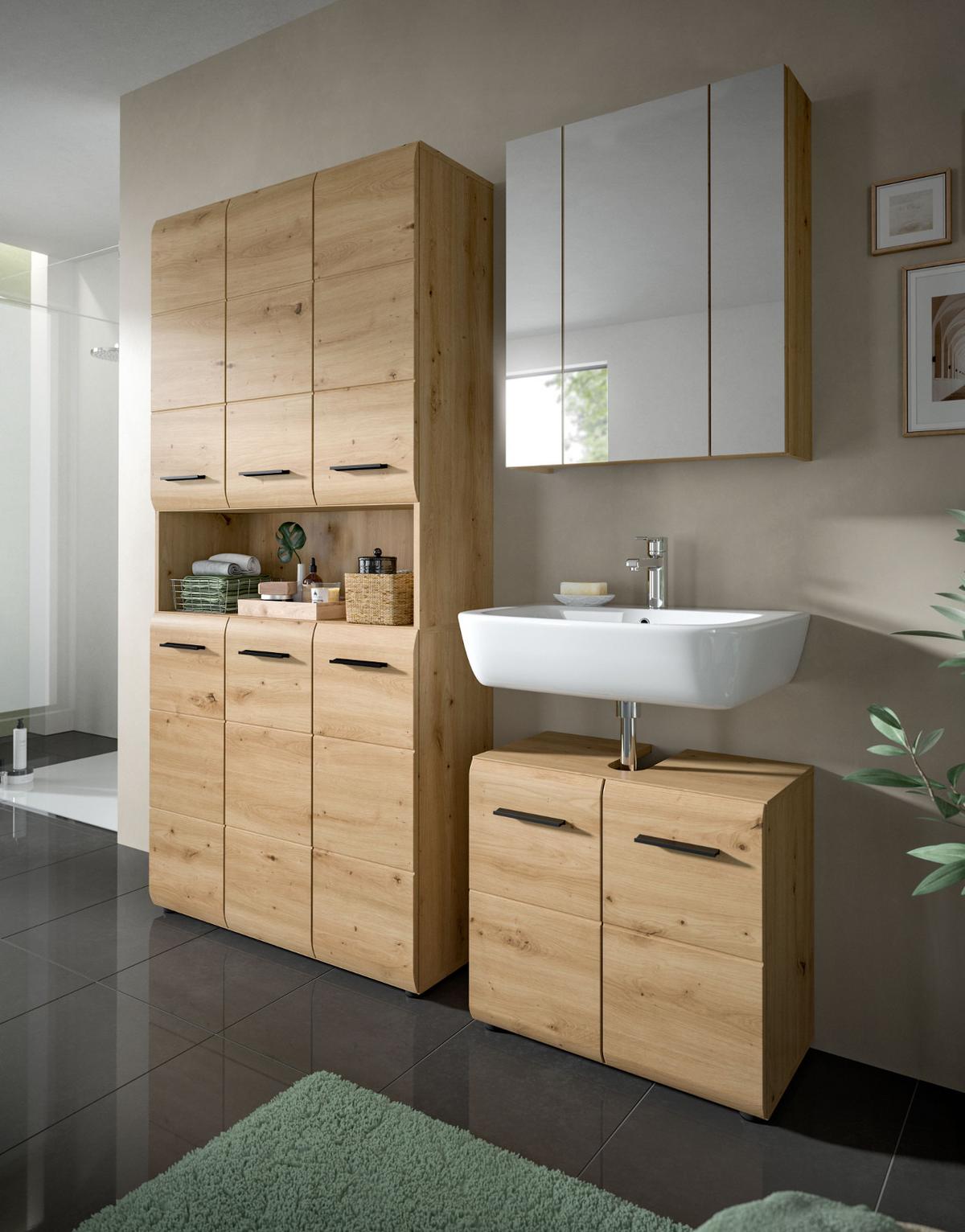 HOCHSCHRANK Eiche Artisan, Badschrank Mehrzweckschrank 6-türig 90 x 185 cm - Schwarz/Eiche Artisan, Holzwerkstoff/Kunststoff (90/185/30cm) - Inn.Furn