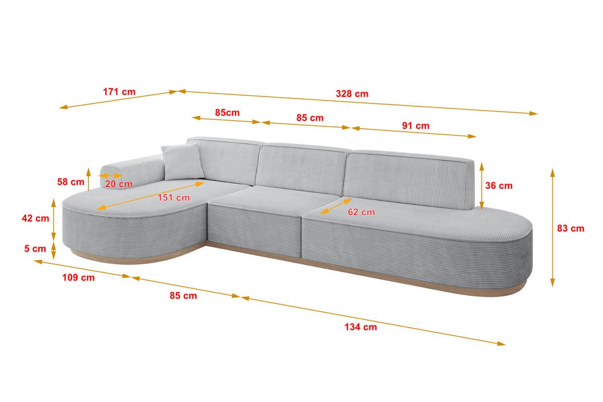 ECKSOFA Ottomane Links MARI-L2-v1 - 328x171x83 cm Grau Cord - Grau, Holzwerkstoff/Textil (328/171cm) - ALTDECOR