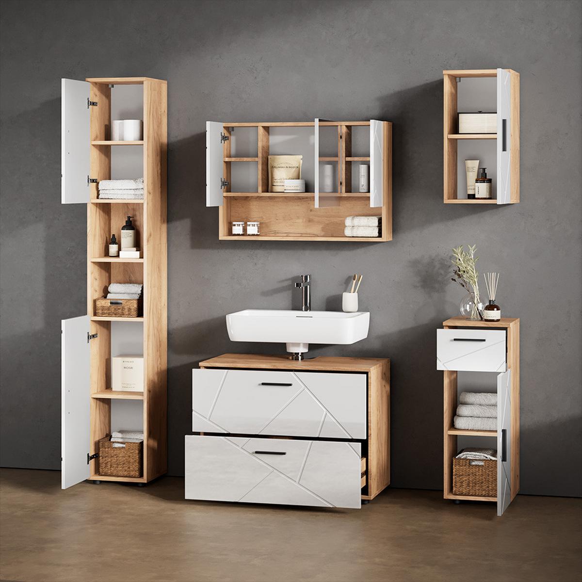 BADMÖBEL-SET Ronco Weiß Hochglanz/Goldkraft Eiche 5 Teile - Honigeiche/Weiß Hochglanz, Holzwerkstoff (80/58/41cm) - Livinity®