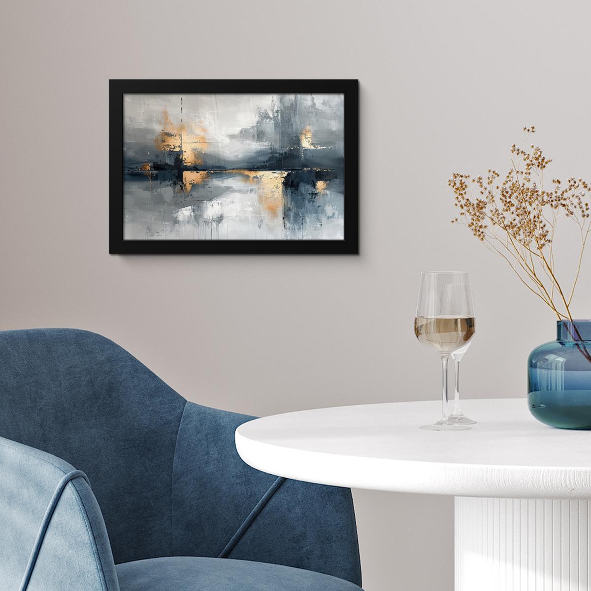 POSTER MIT RAHMENGERAHMTES BILD Kunst - Grau - Gold - Abstrakt 30x20 cm - Dunkelgrau, Papier (30/20cm) - MuchoWow