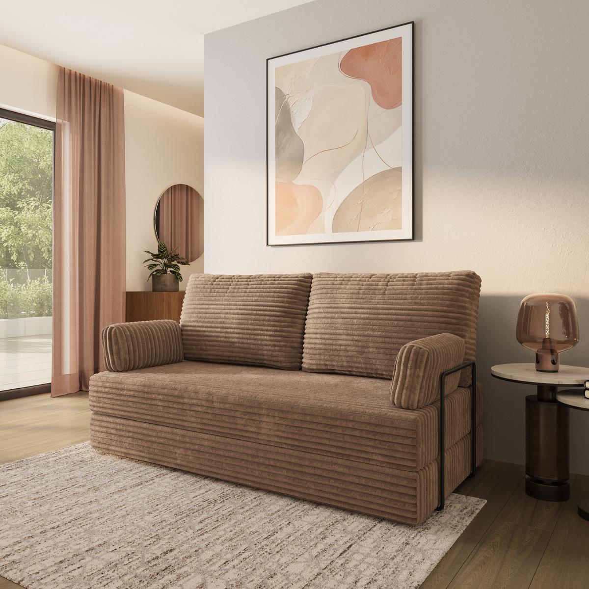 BETTSOFA SILAR aus Schaumstoff Kordstoff Beige Schlaffunktion - Beige, Textil (170/86/80cm) - MASSENO