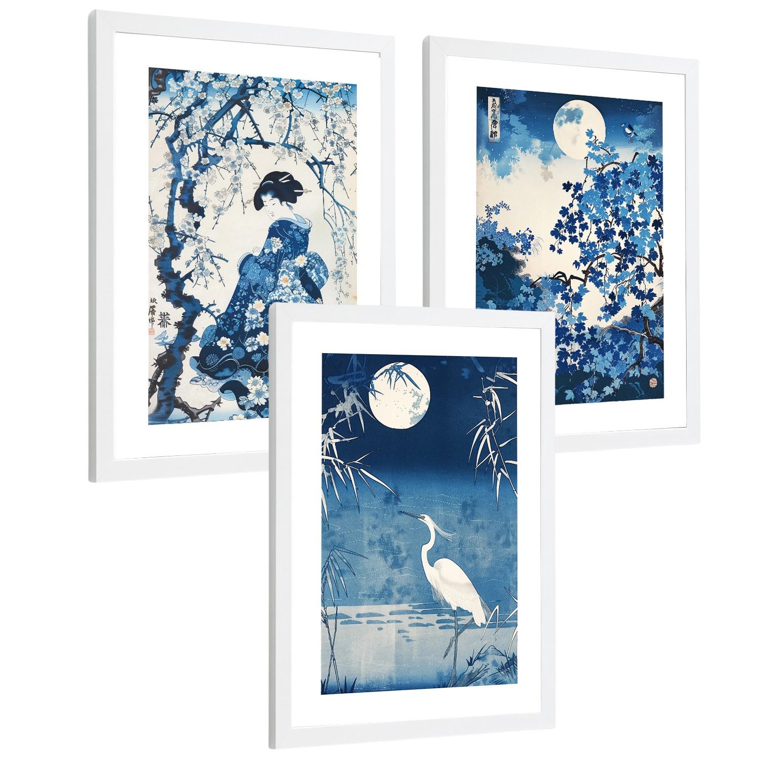 POSTER 3er Bilder-Set Wandbilder Japan Stil modern Wohnzimmer Deko, Schlafzimmer, Küche, Badezimmer Weißer Rahmen A4 - Weiß, Papier (29.7/1/21cm) - Nacnic