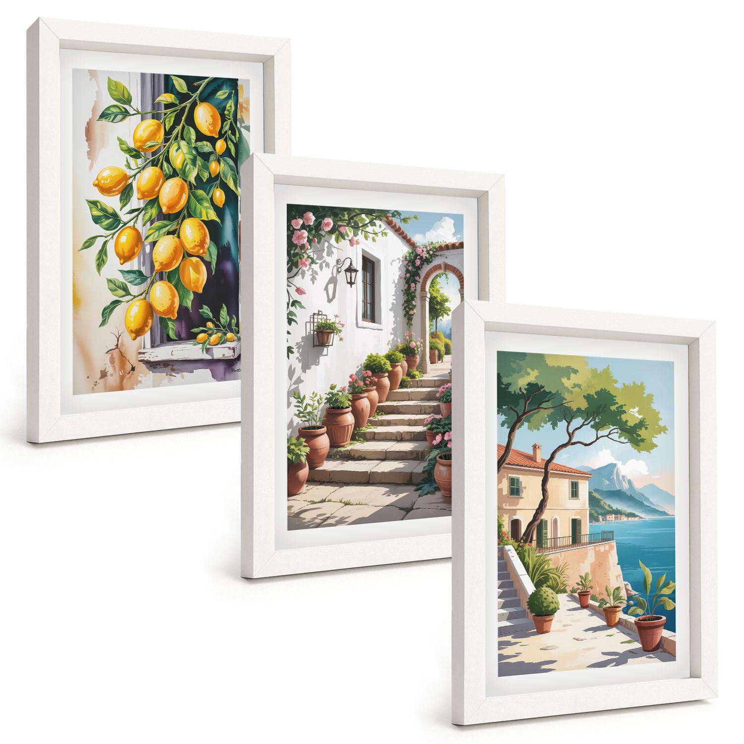 BILDER SET 3er Set - 20x30 cm Weißer Rahmen - Zitronen, Blumen, Meerblick - Weiß, Kunststoff (20/30cm) - TULUP