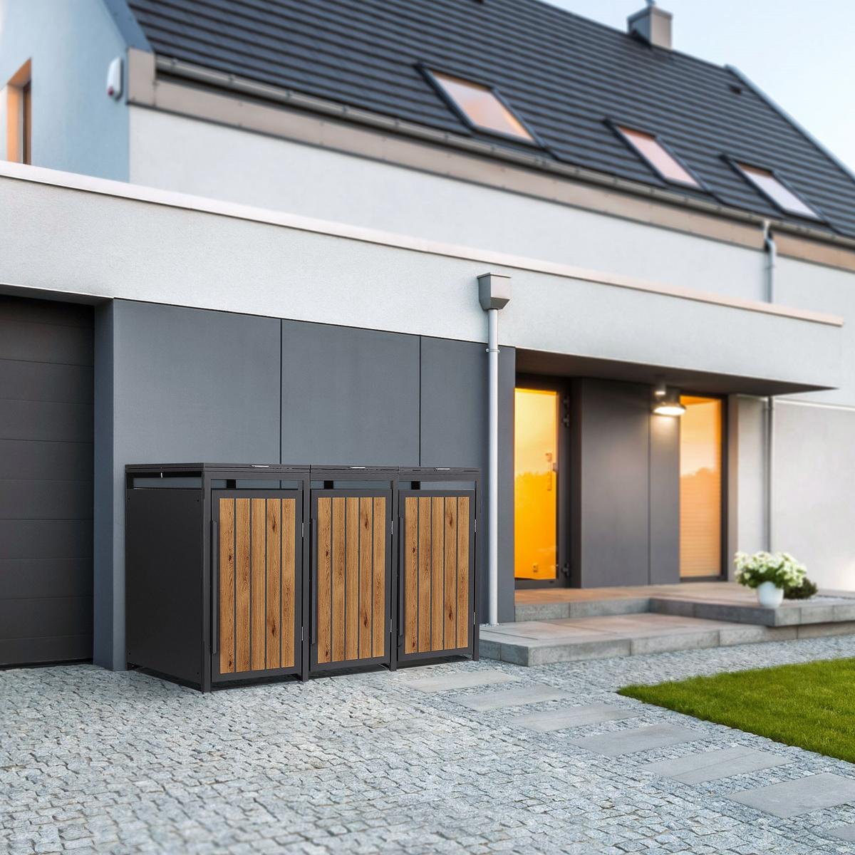 MÜLLTONNENBOX 3er 240L 196x80x120 cm Anthrazit-Eiche hell aus Stahl - Hellbraun, Metall (80/120/196cm) - ML-DESIGN