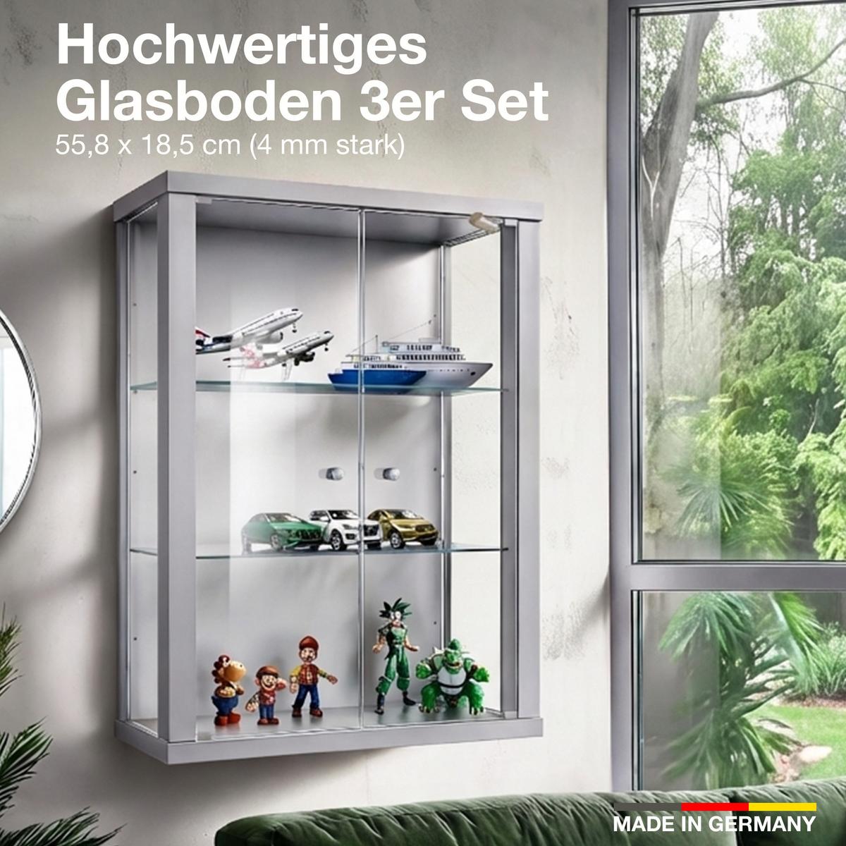 GLASBODEN 3er Set 18,5/55,8/0,4 cm für Hängevitrinen Erweiterungsset - Schwarz, Glas (55.8/0.4/18.5cm) - K-Möbel