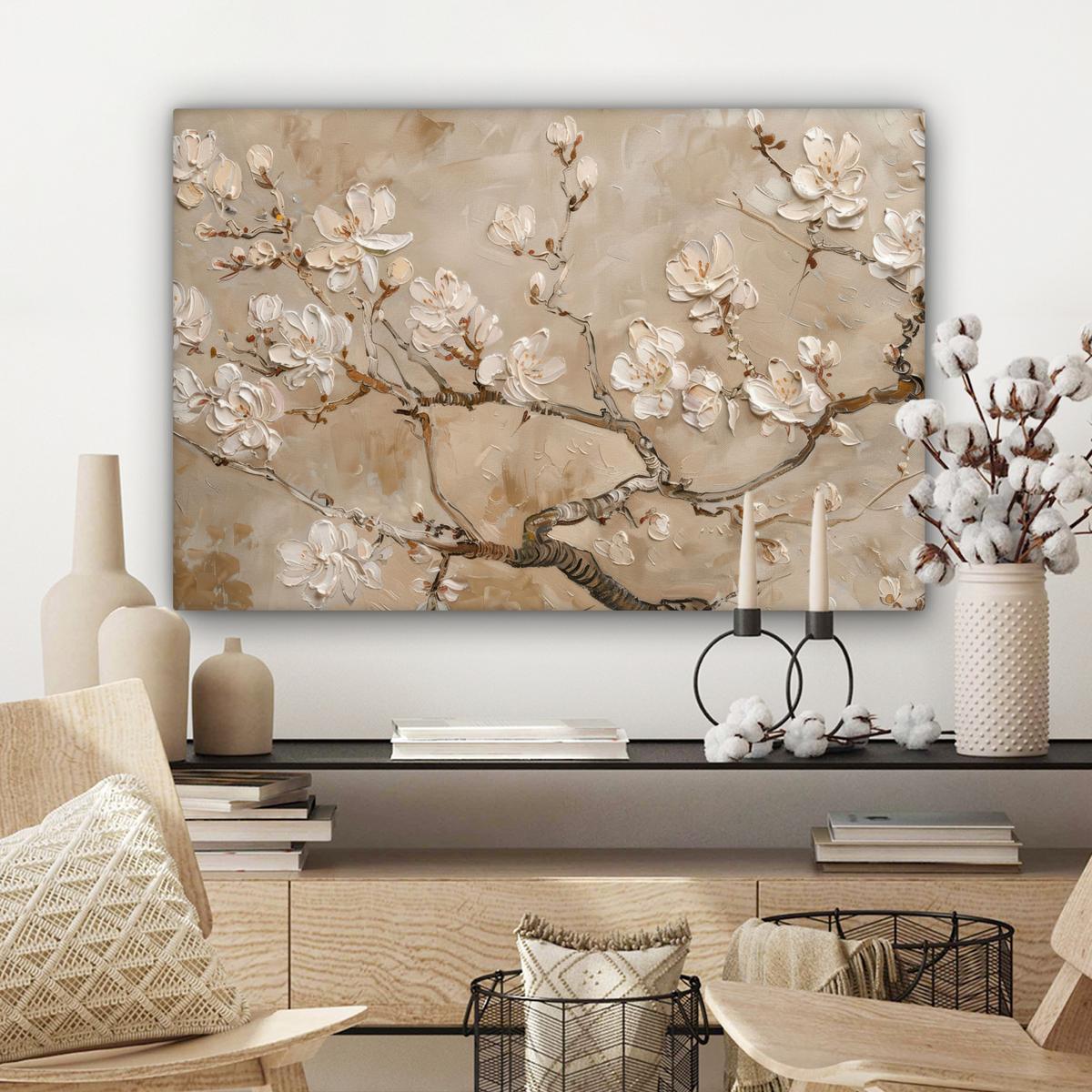 LEINWANDBILD Blumen - Modern - Beige - Weiß - Blüte Gemälde 60x40 cm - Beige, Textil (60/40cm) - MuchoWow