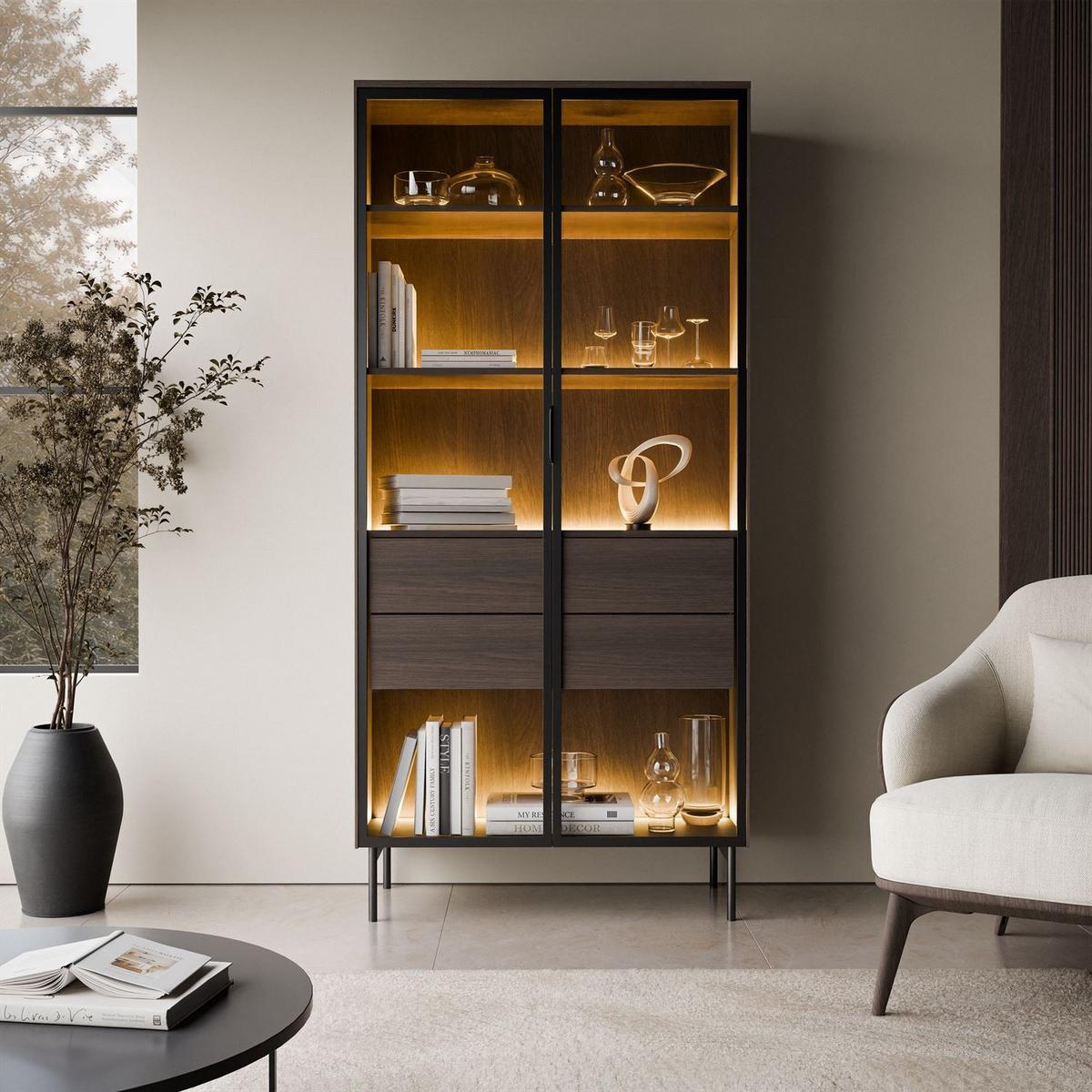 VITRINE LINEA LOFT mit LED-Beleuchtung Eiche + Schwarz - Eichefarben/Schwarz, Holzwerkstoff (82/195/39cm) - Lookway