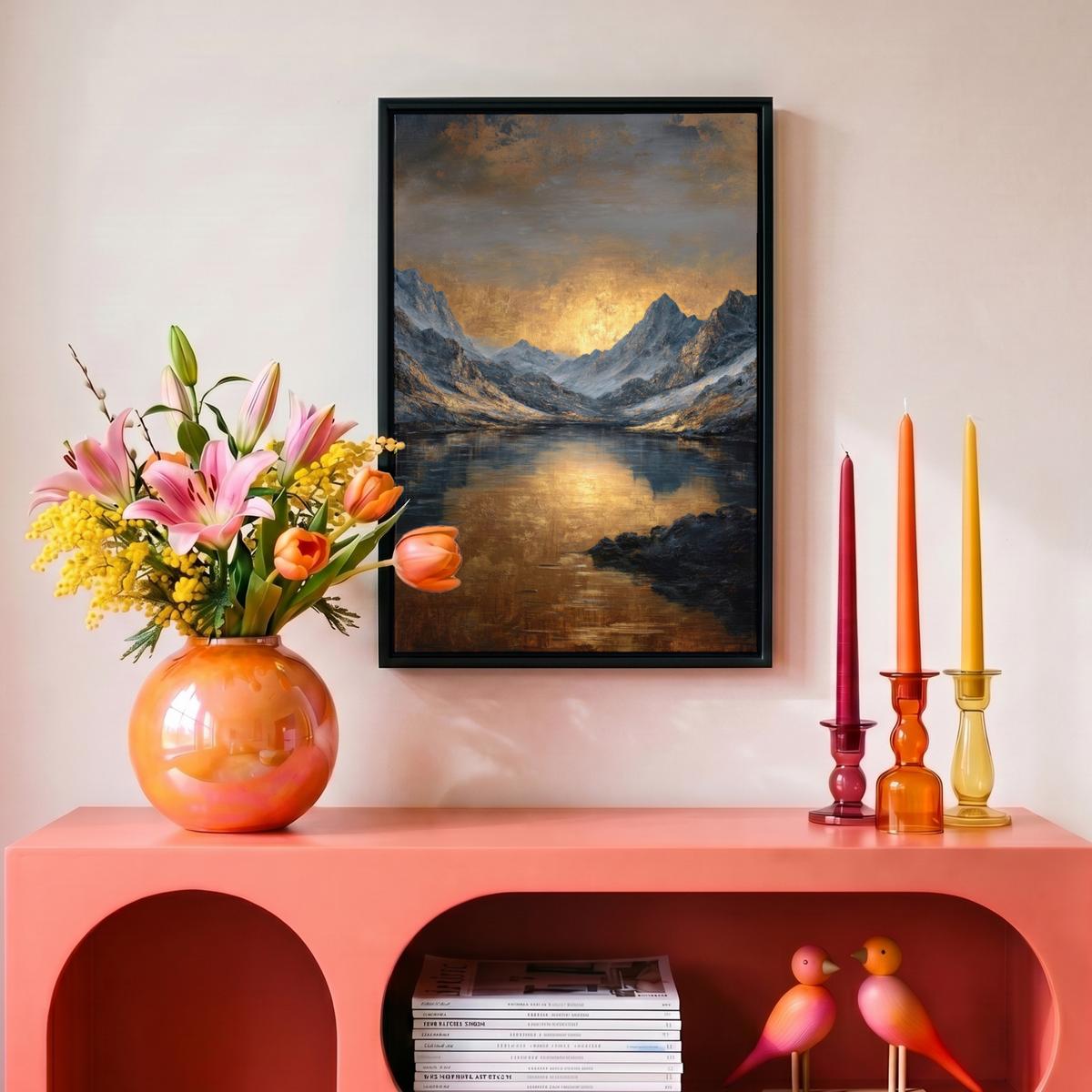 LEINWAND Bilder mit Rahmen - Bergkulisse mit goldenem Sonnenuntergang - 20x30 - Goldfarben, Textil (20/30cm) - MuchoWow