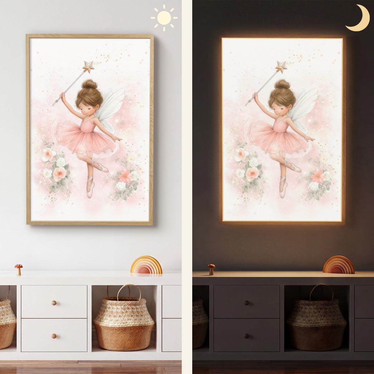 WANDLEUCHTE MIT AKKU Ballerina - Fee - Blumen - Rosa 70x100 cm - Rosa, Holzwerkstoff (70/100/8cm) - OnlyWow
