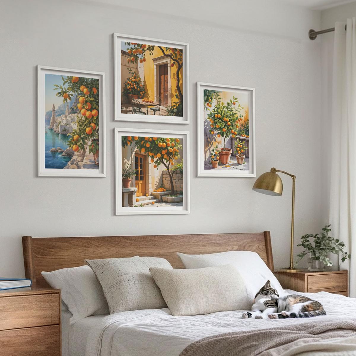 BILDER SET 4er Set - 50x50 cm & 40x60 cm Weißer Rahmen - Gemalte Zitruslandschaften - Weiß, Kunststoff (50/50cm) - TULUP