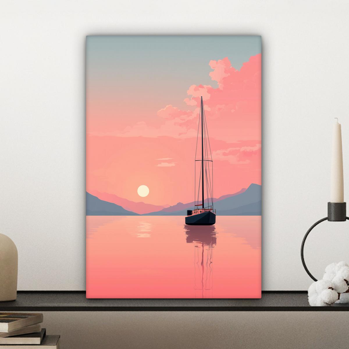 LEINWANDBILD Segelboot - Rosa Meer - Sonnenuntergang - Berge Deko Wohnzimmer 20x30 cm - Rosa, Textil (20/30cm) - MuchoWow