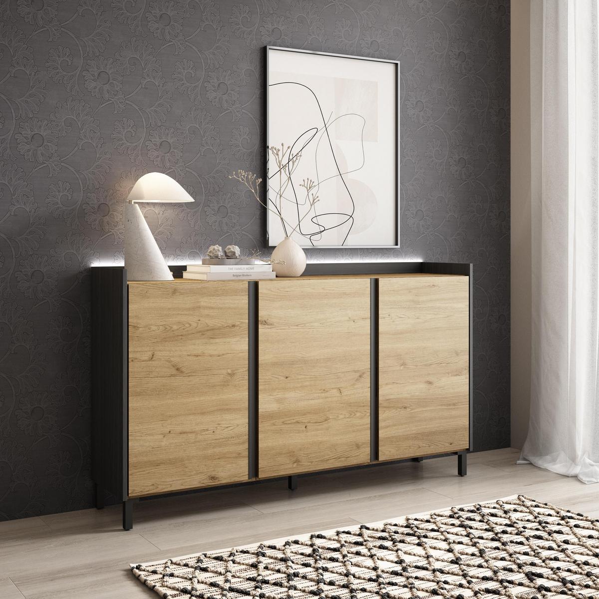SIDEBOARD, Eiche und Schwarz, 156/35/91cm, mit Beinen - Eichefarben, Holzwerkstoff (156/91/35cm) - Skraut Home