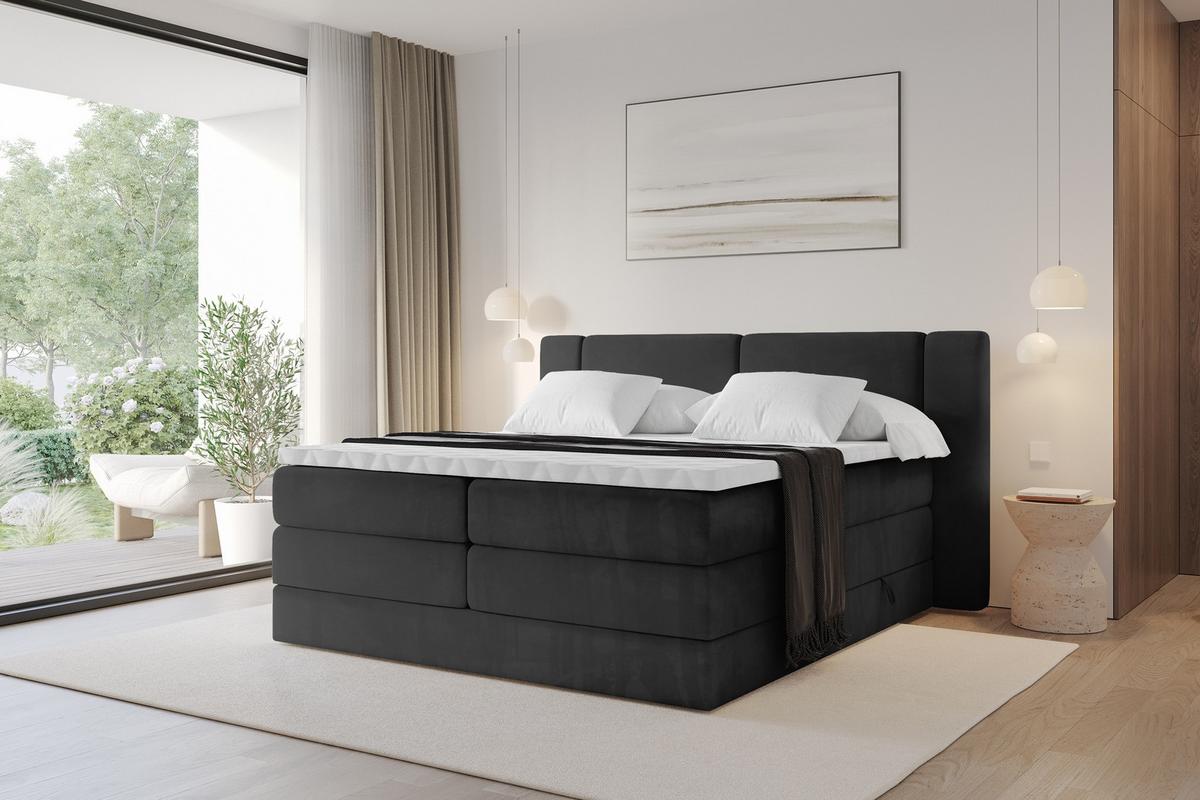 BOXSPRINGBETT mit Matratze H3/H4 - EVON KING - 180x200 cm Schwarz - Schwarz, Holzwerkstoff (180/200cm) - ALTDECOR