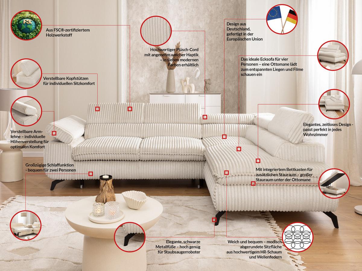 ECKSOFA mit Schlaffunktion und Bettkasten Bonnie aus Creme Cord-Stoff mit verstellbaren Kopfstützen und Armlehne - Ottomane rechts - Creme/Schwarz, Holz/Textil (275/210cm) - S-Style