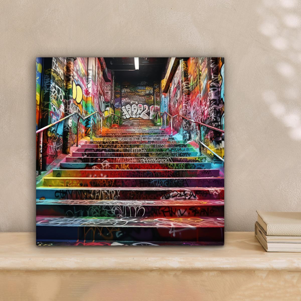 LEINWANDBILD Treppe - Graffiti - Farben - Kunst Deko Wohnzimmer 20x20 cm - Multicolor, Textil (20/20cm) - MuchoWow