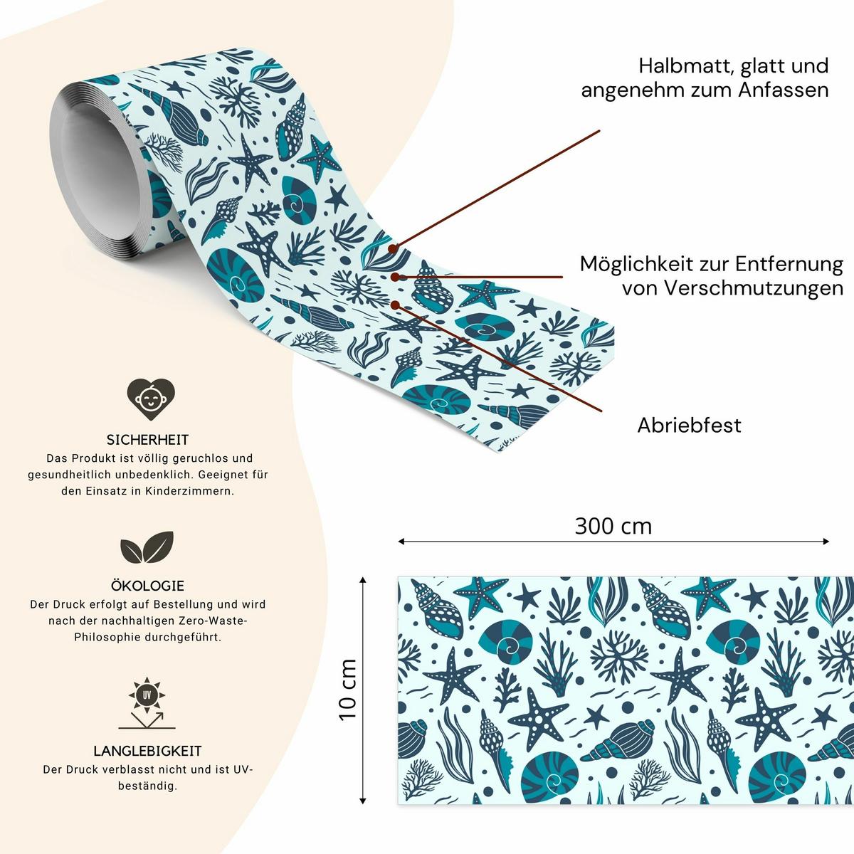 TAPETENBORDÜRE selbstklebend für Kinderzimmer MUSCHELN Korallenriff - Blau/Grün, Papier (10/300/300cm) - Muralo