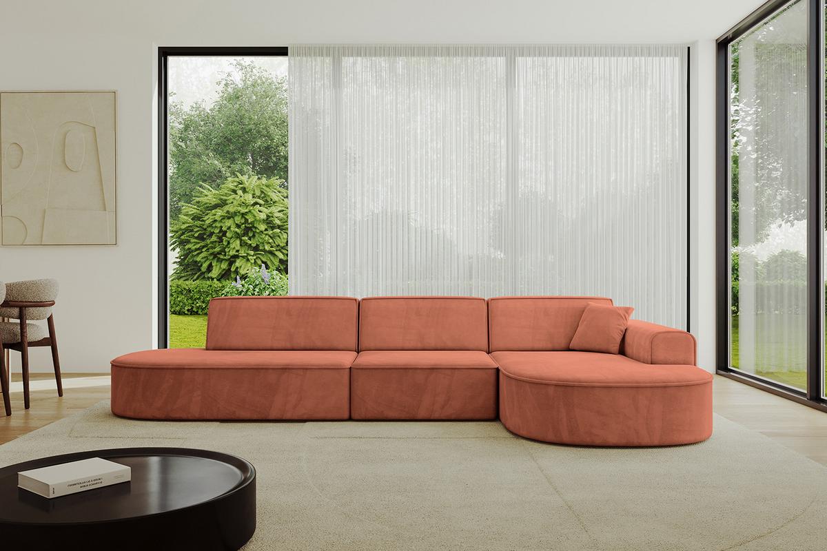 ECKSOFA Ottomane Rechts MARI-L2 - 328x171x79 cm Koralle Velours - Koralle/Schwarz, Holzwerkstoff/Kunststoff (171/328cm) - ALTDECOR
