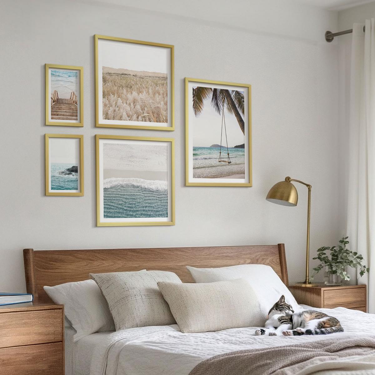 BILDER SET 5er Set - 50x50 cm & 20x30 cm & 40x60 cm Goldrahmen - Treppe, Strand, Meerblick, Schaukel - Goldfarben, Kunststoff (40/60cm) - TULUP