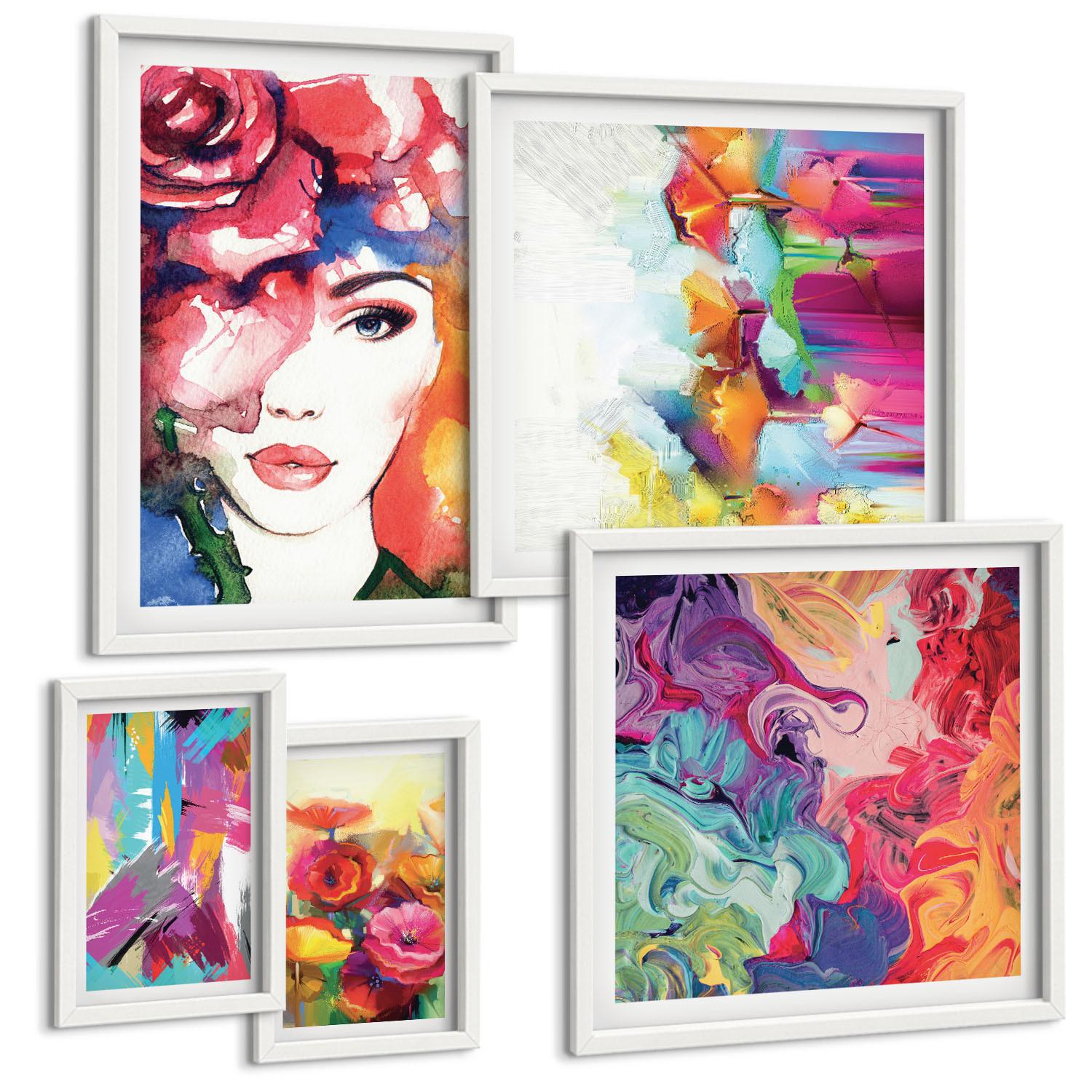 BILDER SET 5er Set - 50x50 cm & 20x30 cm & 40x60 cm Weißer Rahmen - Farbenfrohe Abstraktionen der Form - Weiß, Kunststoff (40/60cm) - TULUP