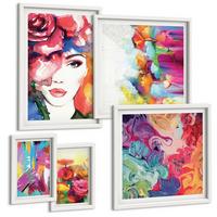 BILDER SET 5er Set - 50x50 cm & 20x30 cm & 40x60 cm Weißer Rahmen - Farbenfrohe Abstraktionen der Form - Weiß, Kunststoff (40/60cm) - TULUP