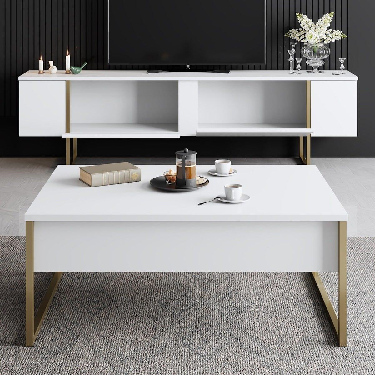 TV-MÖBEL mit 2 Klapptüren Luxe 180/30/50 cm - Goldfarben/Weiß, Holzwerkstoff (180/50/30cm) - Calicosy