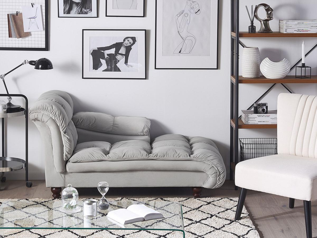 CHAISELONGUE Samtstoff hellgrau linksseitig Lormont - Grau, Textil (141/76/70cm) - Beliani