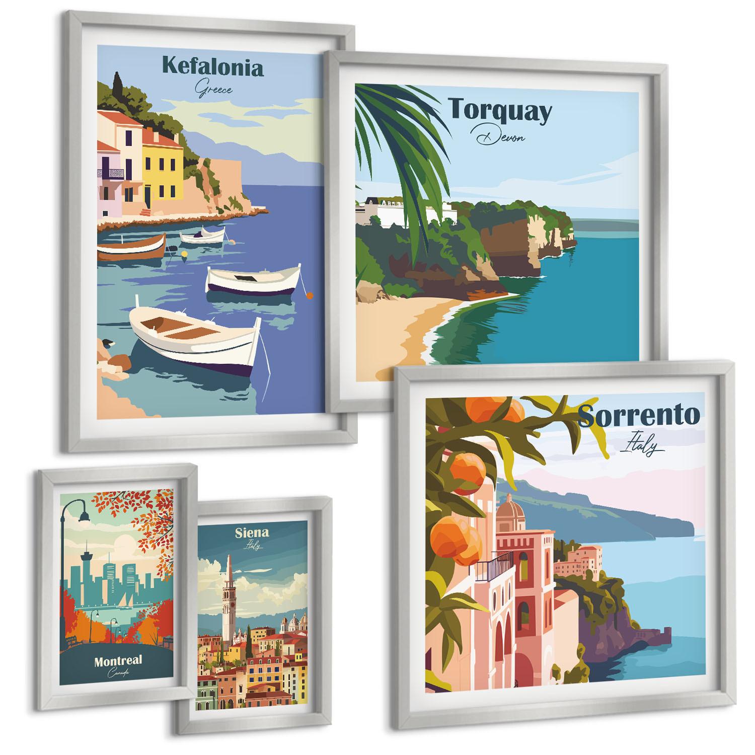 BILDER SET 5er Set - 50x50 cm & 20x30 cm & 40x60 cm Silberner Rahmen - Retro-Illustrationen berühmter Orte - Silberfarben, Kunststoff (40/60cm) - TULUP